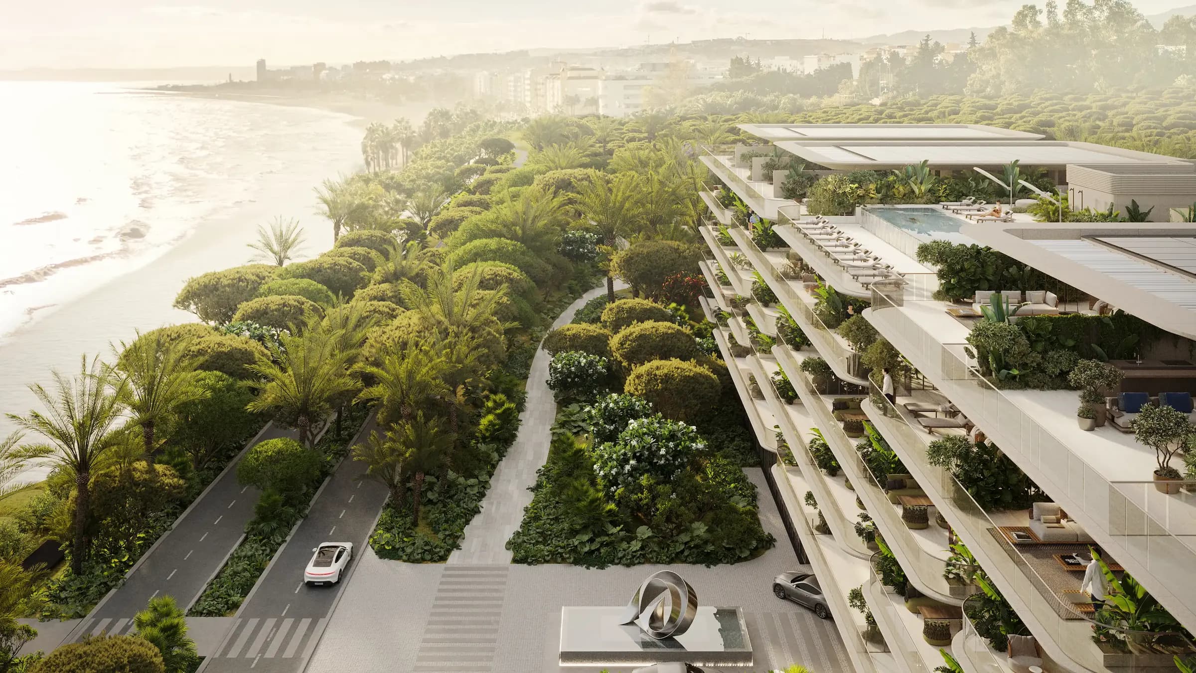Aerial view of Tyrian Residences on Estepona beach